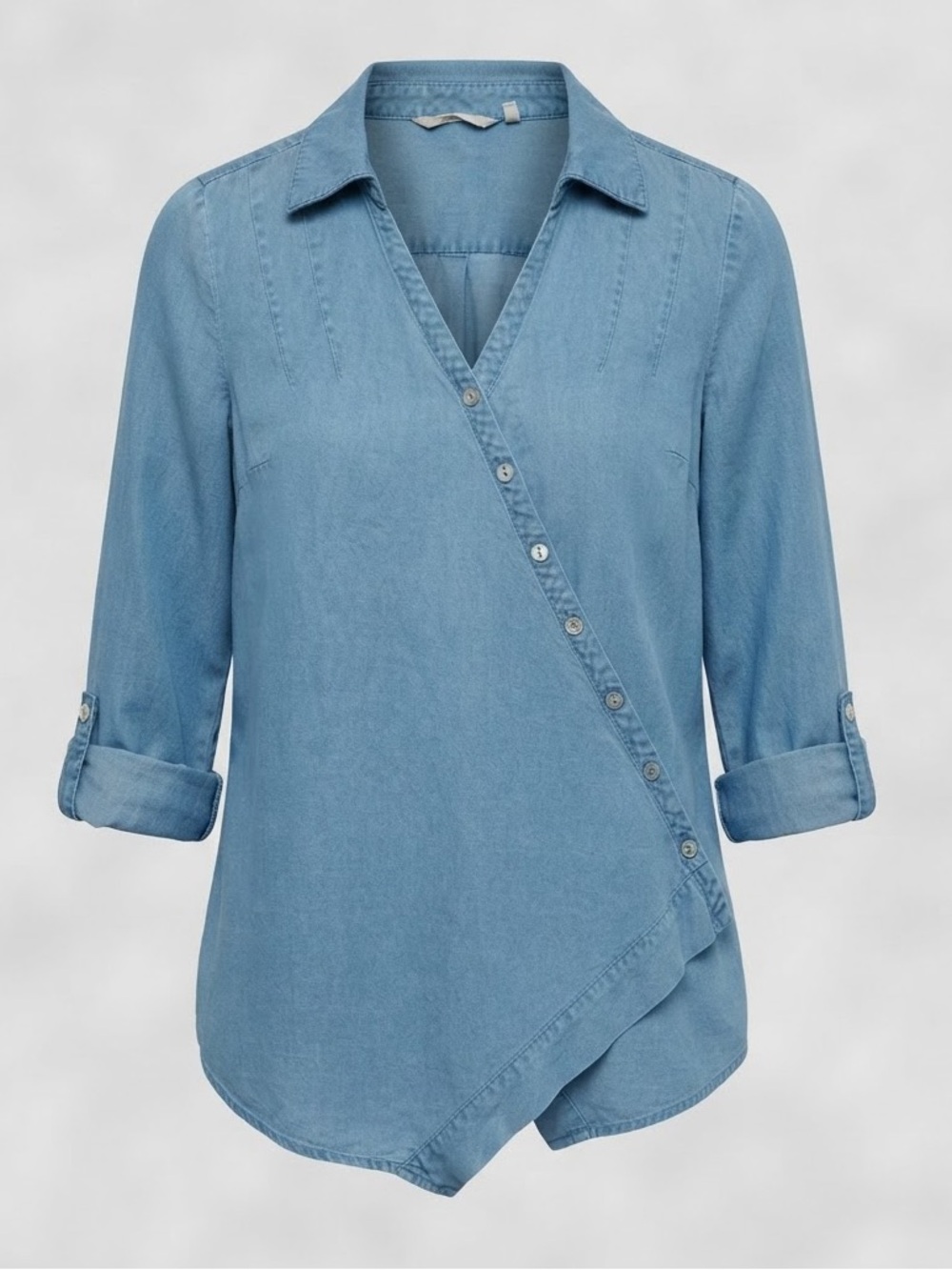 Soft Surroundings Washed Tencel Asymmetrical Crossover Chambray Tunic Top